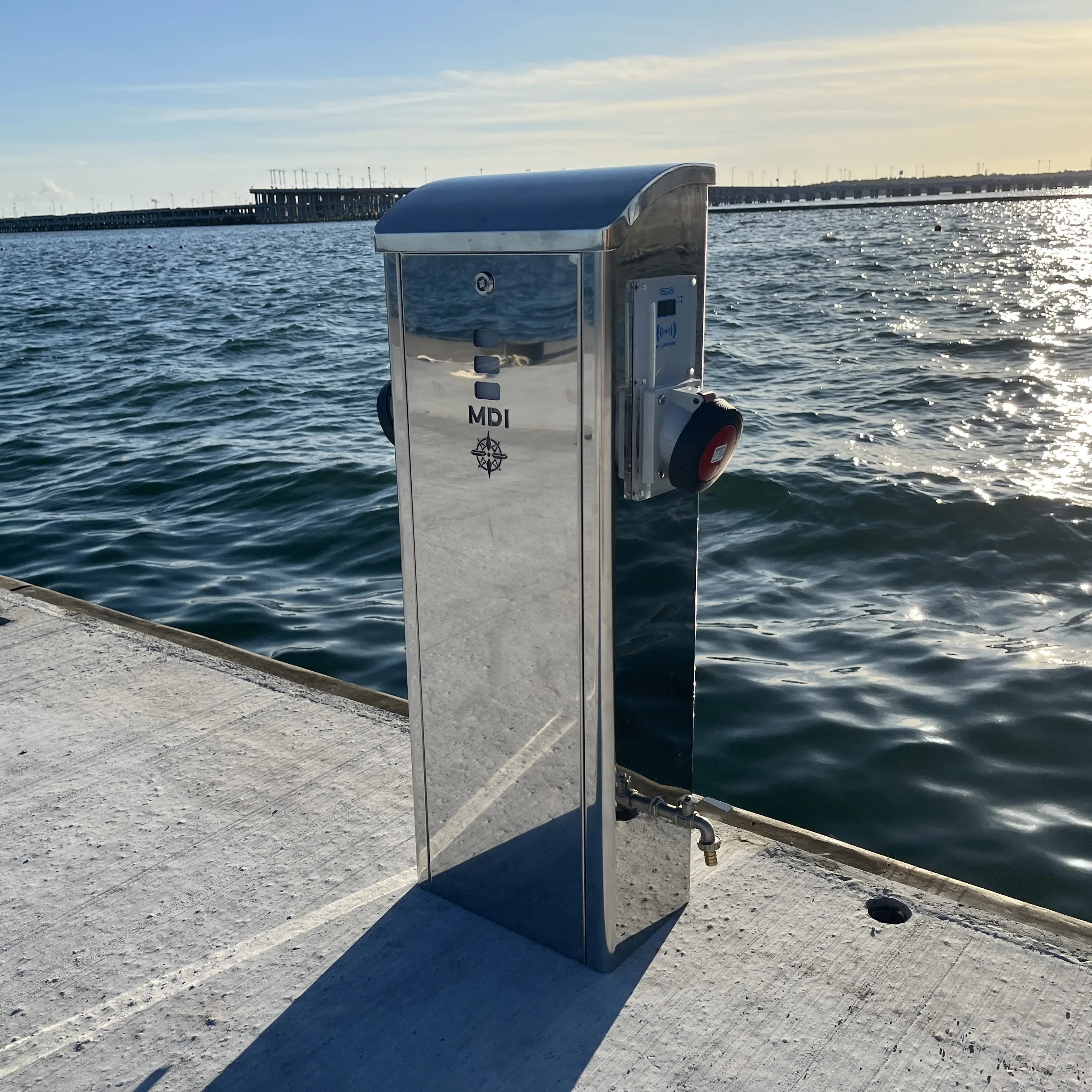 Stainless-steel MDI marina power-and-water pedestal on the dock at Bali Benoa Marina