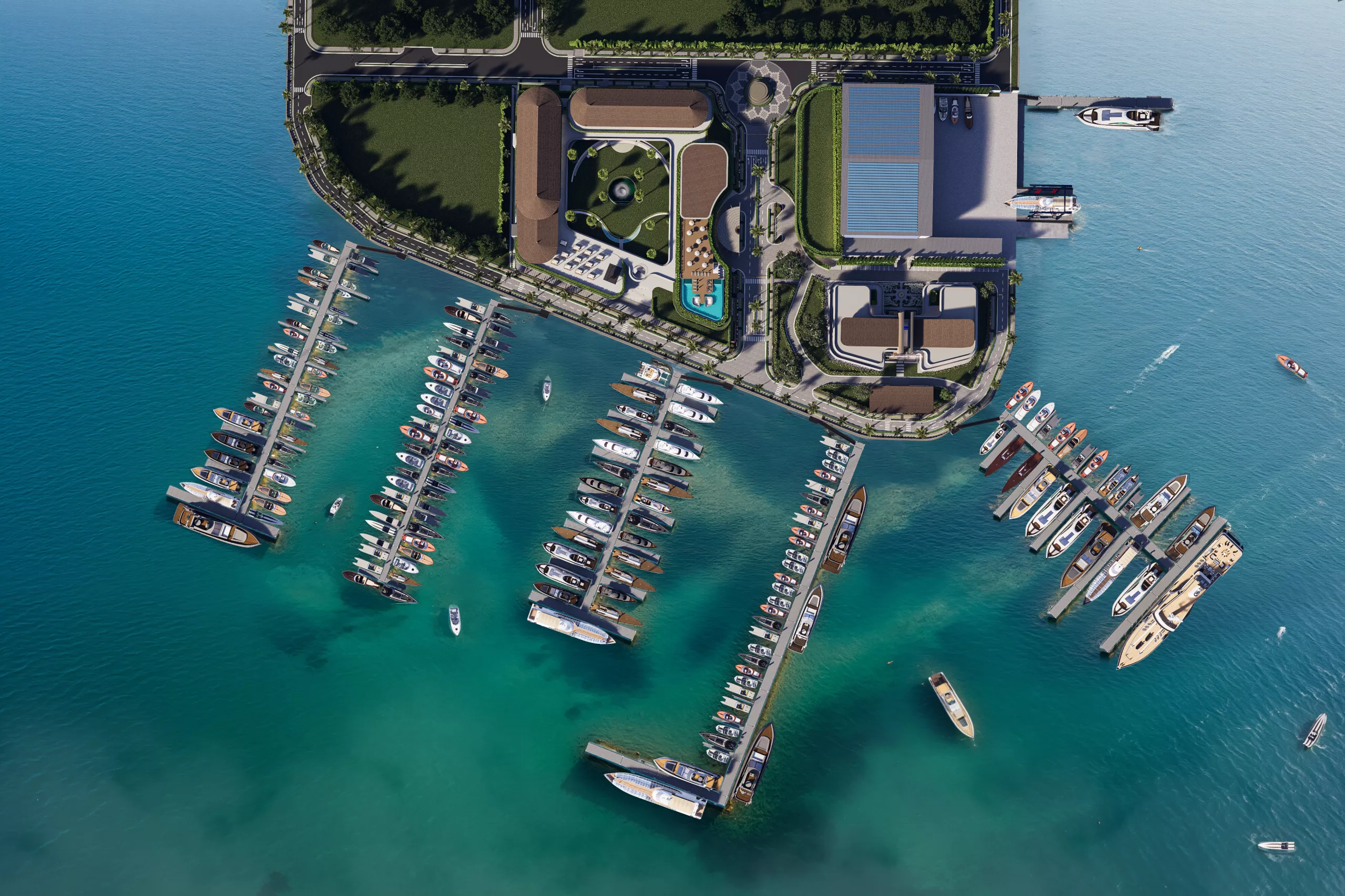 Aerial render of Bali Gapura Marina at Benoa showing berths, yacht club, retail and landscaped grounds